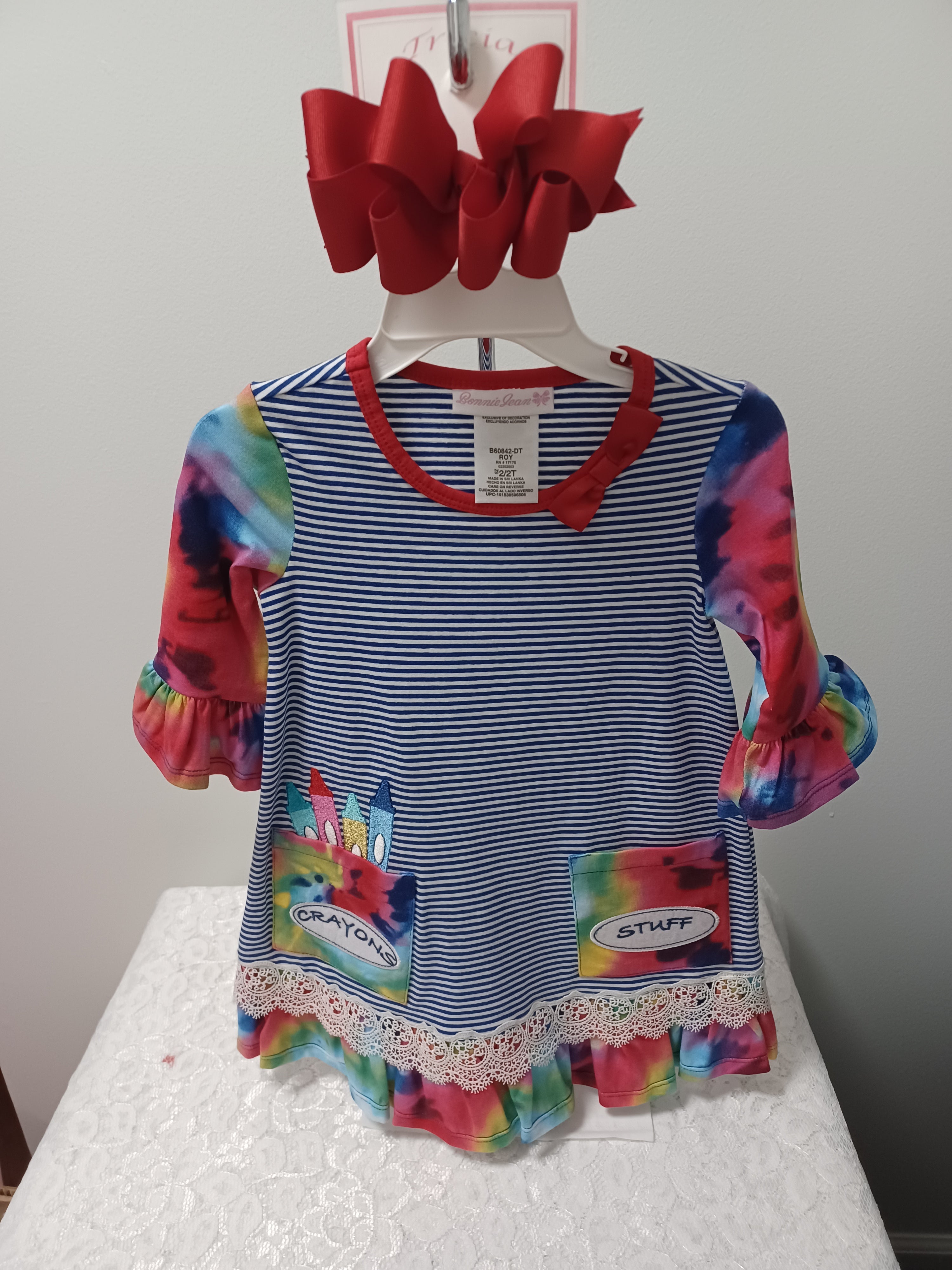 Girls Blue Stripe Dress With Crayons Applique